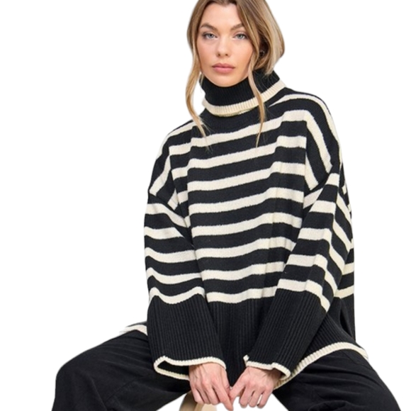 Favorite Girl - Women's Black & White Turtleneck Stripe Knit Top NWT - (#0070) - Picture 4 of 4